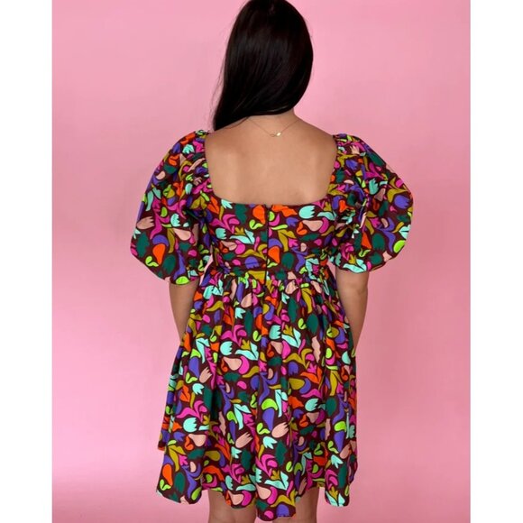 IMPRESSIONS Plus Size Babydoll Printed Colorful Puff Sleeve Brown Dress size 3X - Picture 3 of 15